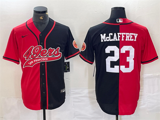 Men's San Francisco 49ers #23 Christian McCaffrey Red/Black Split With Patch Cool Base Stitched Baseball Jersey Men's San Francisco 49ers #23 Christian McCaffrey Red/Black Split With Patch Cool Base Stitched Baseball Jersey